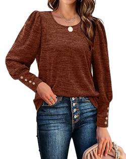 Aokosor Pullover Damen Rundhals Puffärmel Langarmshirts Casual Strickpullover mit Knöpfen Elegant Herbst Sweatshirt Oversize Oberteile Rotbraun L von Aokosor