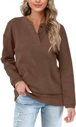 Aokosor Pullover Damen Sweatshirt V Ausschnitt Einfarbig Langarmshirt mit Knöpfen Oberteile für Herbst Winter Braun L von Aokosor