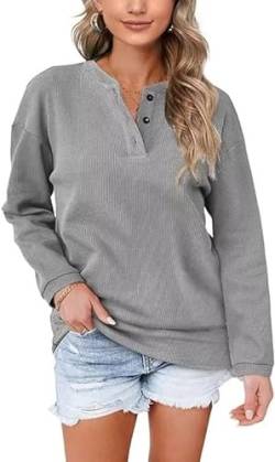 Aokosor Pullover Damen Sweatshirt V Ausschnitt Einfarbig Langarmshirt mit Knöpfen Oberteile für Herbst Winter Grau M von Aokosor