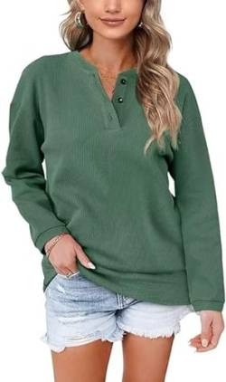 Aokosor Pullover Damen Sweatshirt V Ausschnitt Einfarbig Langarmshirt mit Knöpfen Oberteile für Herbst Winter Grün L von Aokosor