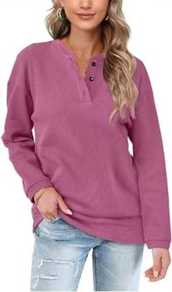 Aokosor Pullover Damen Sweatshirt V Ausschnitt Einfarbig Langarmshirt mit Knöpfen Oberteile für Herbst Winter Rose XL von Aokosor