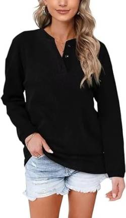 Aokosor Pullover Damen Sweatshirt V Ausschnitt Schwarz Einfarbig Langarmshirt mit Knöpfen Oberteile für Herbst Winter M von Aokosor