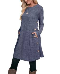 Aokosor Pulloverkleid für Damen Strickkleid Damen Langarm Winterkleid Tunika Kleid Jumper Kleid mit Knöpfen und Taschen Dunkelgrau M von Aokosor