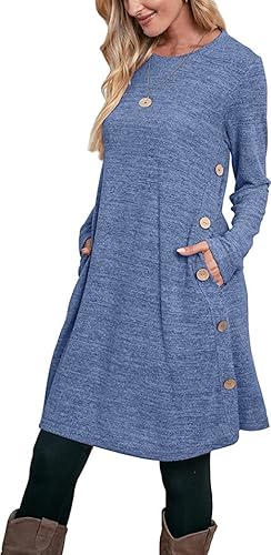 Aokosor Strickkleid Damen Langarm Kleider Pulloverkleid für Damen Tunika Kleid Jumper Kleid mit Knöpfen und Taschen Blau L von Aokosor