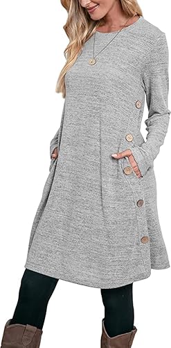 Aokosor Strickkleid Damen Langarm Kleider Pulloverkleid für Damen Tunika Kleid Jumper Kleid mit Knöpfen und Taschen Grau L von Aokosor