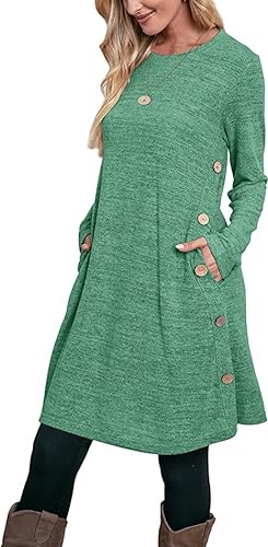 Aokosor Strickkleid Damen Langarm Kleider Pulloverkleid für Damen Tunika Kleid Jumper Kleid mit Knöpfen und Taschen Grün XL von Aokosor