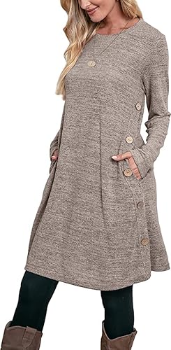 Aokosor Strickkleid Damen Langarm Kleider Pulloverkleid für Damen Tunika Kleid Jumper Kleid mit Knöpfen und Taschen Khaki XL von Aokosor