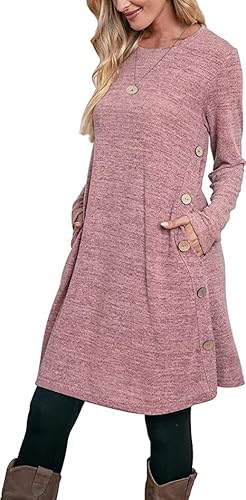 Aokosor Strickkleid Damen Langarm Kleider Pulloverkleid für Damen Tunika Kleid Jumper Kleid mit Knöpfen und Taschen Rosa M von Aokosor