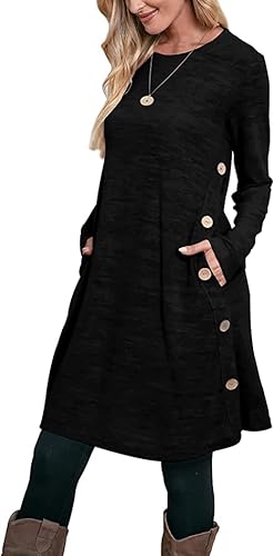 Aokosor Strickkleid Damen Langarm Kleider Pulloverkleid für Damen Tunika Kleid Jumper Kleid mit Knöpfen und Taschen Schwarz M von Aokosor