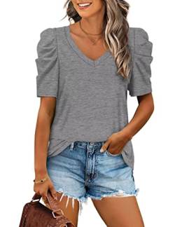 Aokosor T-Shirt Damen Puffärmel V-Ausschnitt Shirt Elegant Blusentop Casual Basic Oberteile Sommer Tops Grau S von Aokosor