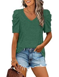 Aokosor T-Shirt Damen Puffärmel V-Ausschnitt Shirt Elegant Blusentop Casual Basic Oberteile Sommer Tops Grün M von Aokosor