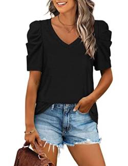 Aokosor T-Shirt Damen Puffärmel V-Ausschnitt Shirt Elegant Blusentop Casual Basic Oberteile Sommer Tops Schwarz XL von Aokosor