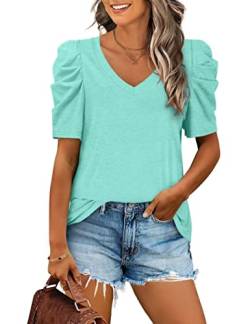 Aokosor T-Shirt Damen Puffärmel V-Ausschnitt Shirt Elegant Blusentop Casual Basic Oberteile Sommer Tops Türkis M von Aokosor