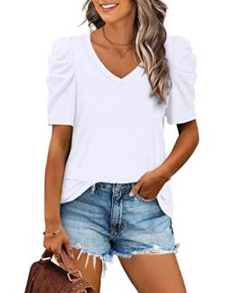 Aokosor T-Shirt Damen Puffärmel V-Ausschnitt Shirt Elegant Blusentop Casual Basic Oberteile Sommer Tops Weiß XL von Aokosor
