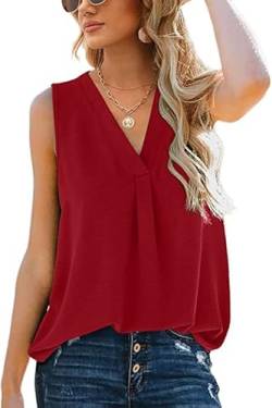 Aokosor Tank Top Damen Sommer Top Elegant Oberteile Tshirt Ärmellos Damen V Ausschnitt Lässig Locker Rot S von Aokosor