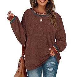 Tunika-Sweatshirt Damen ohne Kapuze Fleece Pullover Lang Oberteile Loose Fit Long Sleeve Shirt Sweater Dünn Langarmshirt Polarfleece Rundhalsausschnitt Fleecejacken Bluse Fuzzy Regenbogen Braun L von Aokosor