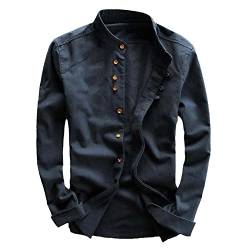 Aoleaky Frühlingshemd für Herren - japanischer Vintage-Stil, hochwertiges Leinen, Stehkragen, schlanke Passform, einreihig, lässig Blue L von Aoleaky