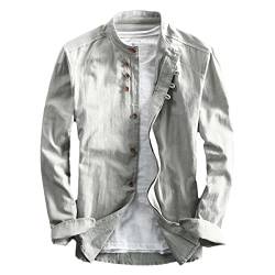 Aoleaky Frühlingshemd für Herren - japanischer Vintage-Stil, hochwertiges Leinen, Stehkragen, schlanke Passform, einreihig, lässig Light Gray L von Aoleaky