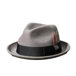 Aoleaky Graue Wollfilz-Fedoras Schwarze Cowboy-Hüte für Herren mit Federn dekorativ gerollte Krempe Jazz-Hut Gentleman-Kappe Gray 56-58CM M von Aoleaky