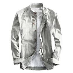Herren Leinenhemd - Vintage Japan Style, Stehkragen, schlanke Passform, lässige Kleidung, einfaches Design, Herbst/Frühling LX Light Gray M von Aoleaky