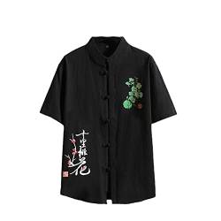 Herren-Tops im chinesischen Stil, Tang-Anzug, Leinen, 3/4-Ärmel, solides, traditionelles Kung-Fu-Hanfu-Hemd vom Typ China C142 Black XXL von Aoleaky