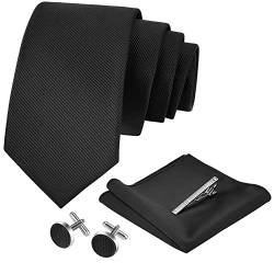 Aomig Herren Krawatten, 4-teiliges Set mit Einstecktuch Manschettenknöpfe krawattenklammer, Schmale Krawatte 6 cm für Männer, Hochzeit Krawatte für Büro oder Festliche Veranstaltunge, Schwarz von Aomig