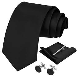 Aomig Herren Krawatten, 4-teiliges Set mit Einstecktuch Manschettenknöpfe krawattenklammer, Schmale Krawatte 8 cm für Männer, Hochzeit Krawatte für Büro oder Festliche Veranstaltunge, Schwarz von Aomig