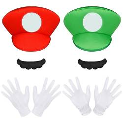 Aomig Mario Cosplay Kostüm Zubehör, mit Rot Mario Grün Luigi Mützen, Handschuhen Klebe-Bärten, Super Brüder Kostüm Mario Luigi Hut Cap für Verkleidung Karneval Halloween Weihnachten Rollenspiel von Aomig