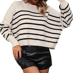 2023 Casual Strickpullover Damen Elegant Locker Rundhals Gestreiftes Strickteil Pullover Sweater Langarm Komfort Pulli Sweatshirt Oberteile (Weiß,S) Alpaka Pullover Mädchen Pullover Pulli Damen von Aoouekul