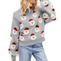 Aoouekul Weihnachten Pullover Damen Strickpullover Rundhals Pulli Sweater Strick Pullover Winter Weihnachtsmann Strickpulli Langarmshirt Sweatshirt (Grau,L) von Aoouekul