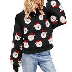 Aoouekul Weihnachten Strickpullover Damen Weihnachtspullover Lustig Weihnachtsmann Rundhals Pulli Sweater Strick Pullover Herbst Winter Langarm Sweatshirt Langarmshirt Strickpulli (Schwarz,XS) von Aoouekul