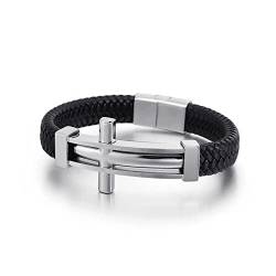 Aotiwe Armband Leder, Freundschaftsarmband Silber Kreuz 21cm Kleine Geschenke für Männer von Aotiwe