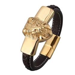 Aotiwe Armreif Herren, Armband Gold Vintage Löwenkopf Lederarmreif Braun Bracelet Men Pu Leder 20.5cm von Aotiwe