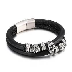 Aotiwe Herren Armband Lederarmband, Armband für Männer Schwarz 3 Schädel Gelegt Matching Bracelets 21cm von Aotiwe