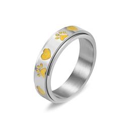 Aotiwe Silber Ringe, Ring Frauen Edelstahl Angst Spinner Ring, 6mm, Fußabdruck Herz Gelb Ringe Frauen Verlobung Größe 62 (19.7) von Aotiwe