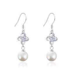 Drop Earrings, Ohrhänger Silber Blume mit Perle und Zirkonia Hängende Ohrringe Silber 925 38.2mm von Aotiwe