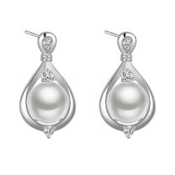 Silber Ohrringe, Ohrringe Damen Boho Style Träne Ohrhänger mit Weiß Rundschliff Perle Kupfer von Aotiwe