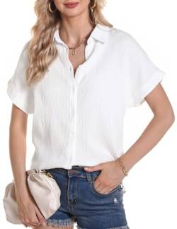 Aottori Bluse Damen Kurzarm Casual Oberteile Hemd Lose V-Ausschnitt Blusen Tops Elegant Weiß S von Aottori