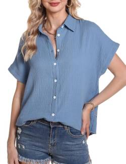 Aottori Blusen Tuniken für Damen Sommer Kurzarm Oberteile Elegant Hemdbluse Casual Blusenshirt Leicht Lose Sommerblusen Himmelblau M von Aottori