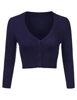 Aottori Bolero Damen Festlich Kurz Strickjacke Elegant Langarm Open Front Cropped Cardigan Schulterjacke Bolerojacke Strick Jäckchen für Mädchen Kleider Marine XXL von Aottori