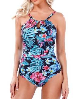 Aottori Damen Badeanzug Bauchweg Bademode Einteilige Push Up Swimsuit High Waist Schwimmanzug Rundhals Große Größe Strandmode Sexy Sommer Schwarz/Blatt M von Aottori