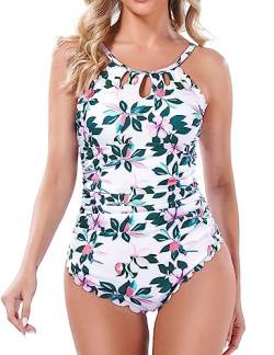 Aottori Damen Badeanzug Bauchweg Bademode Einteilige Push Up Swimsuit High Waist Schwimmanzug Rundhals Große Größe Strandmode Sexy Sommer Weiß/Blume XL von Aottori