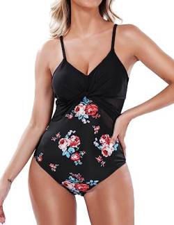 Aottori Damen Badeanzug Einteiliger Cut Out Sexy Bademode Bauchweg V Ausschnitt Schwimmanzug Große Größe Beachwear Push Up Swimsuit Sommer Schwarz/Blume L von Aottori