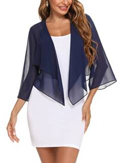 Aottori Damen Bolero Chiffon Cardigan Leichte Kurze Festliche Bolerojacke Elegant Sommer Shrug Schulterjacke Transparent Jäckchen mit 3/4 Ärmel Bettjäckchen Navyblau XXL von Aottori