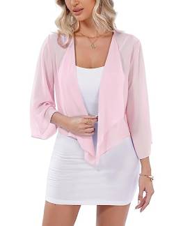 Aottori Damen Bolero Chiffon Cardigan Leichte Kurze Festliche Bolerojacke Elegant Sommer Shrug Schulterjacke Transparent Jäckchen mit 3/4 Ärmel Hellrosa M von Aottori