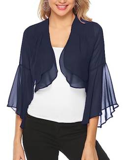 Aottori Damen Chiffon Bolero Festlich 3/4 Ärmel Elegant Shrug Top Kurze Strickjacke Cardigan Open Front Casual Bolerojacke Schulterjacke Navy Blue M von Aottori