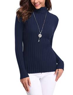 Aottori Damen Elegant Pullover Strickwaren Rollkragenpullover Hals Langarm Ribbed Strick Pullover Tops Marine M von Aottori