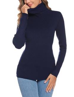 Aottori Damen Elegant Rollkragen Pullover Slim Fit Langarm Strickwaren Rollkragenpullover Einfarbig Strickpullover für Winter Ribbed Strick Pullover Tops Marine M von Aottori