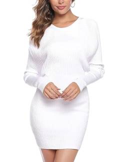 Aottori Damen Fledermausärmel Pulloverkleid Langarm Strickkleid Pullover Elegant Minikleid Sweater Freizeitkleider Pullikleid Strickpullover Weiß XL von Aottori