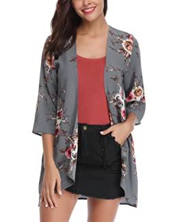 Aottori Damen Lang Chiffon Bolero Sommer Boho Leicht Casual 3/4 Ärmel Cardigan Strickjacke Offene Front Strand Kimono Florale Beachwear Bikini Cover up Shawl Bluse Oberteil Tops Grau-1 XL von Aottori